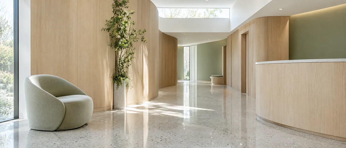 Calm modern clinic interior with soft daylight